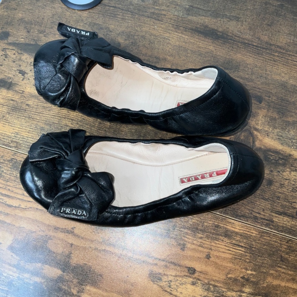 Prada Black Leather Bow Ballet Flats - Picture 4 of 12